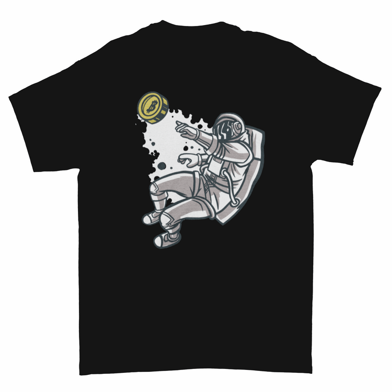 Flying astronaut with bitcoin t-shirt