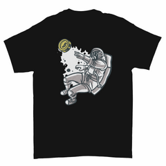 Flying astronaut with bitcoin t-shirt