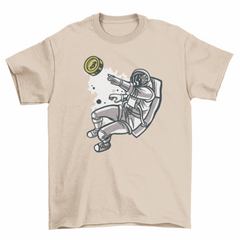 Flying astronaut with bitcoin t-shirt