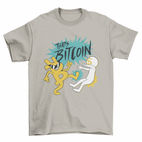 Bitcoin charater cartoon kicking the dollar sign finance t-shirt