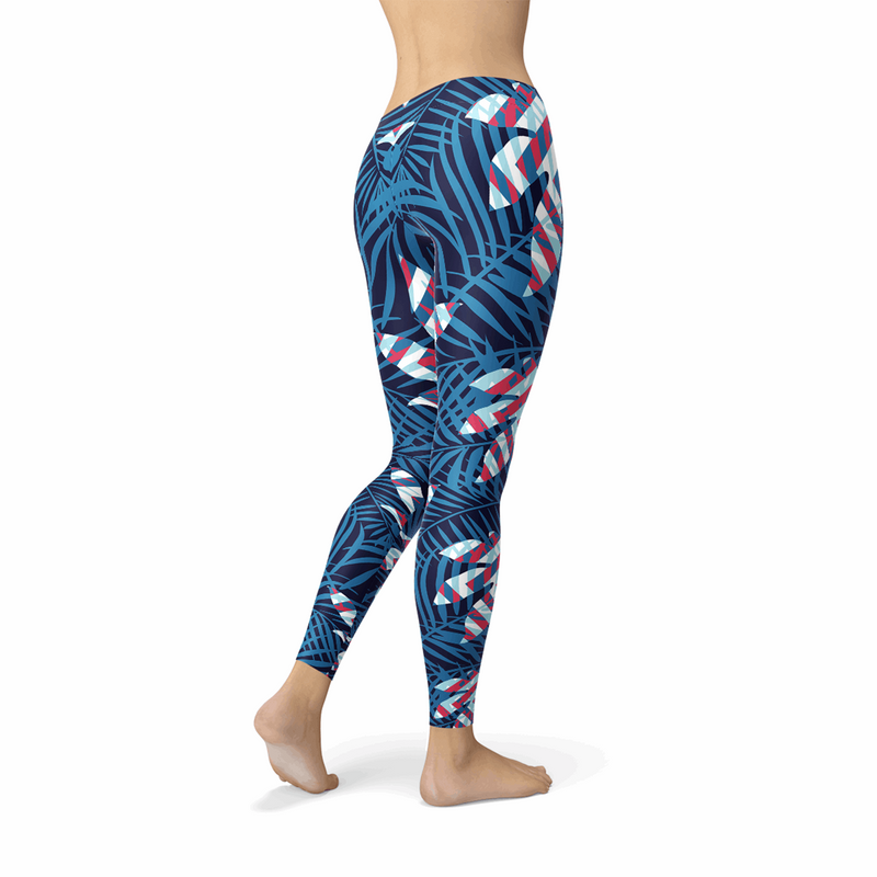 Blue Tropical Leaf Leggings for Women