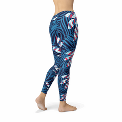 Blue Tropical Leaf Leggings for Women