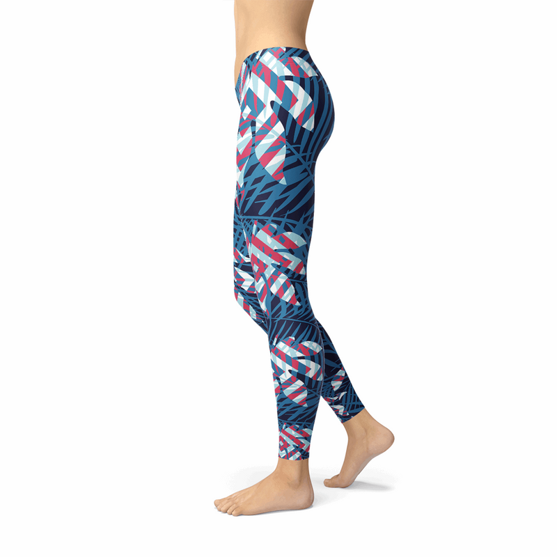 Blue Tropical Leaf Leggings for Women