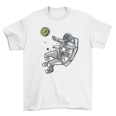 Flying astronaut with bitcoin t-shirt