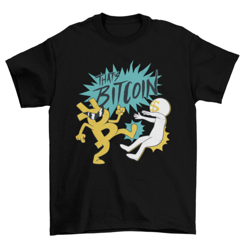 Bitcoin charater cartoon kicking the dollar sign finance t-shirt