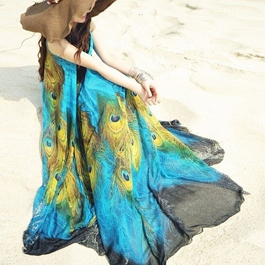 Sleeveless Peacock Theme Long Dress