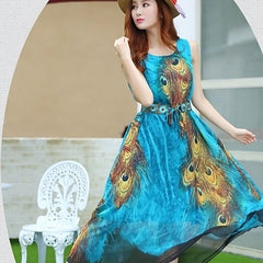 Sleeveless Peacock Theme Long Dress