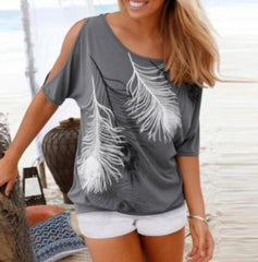 Womens Cut Shoulder Casual T Shirt with Feather Print