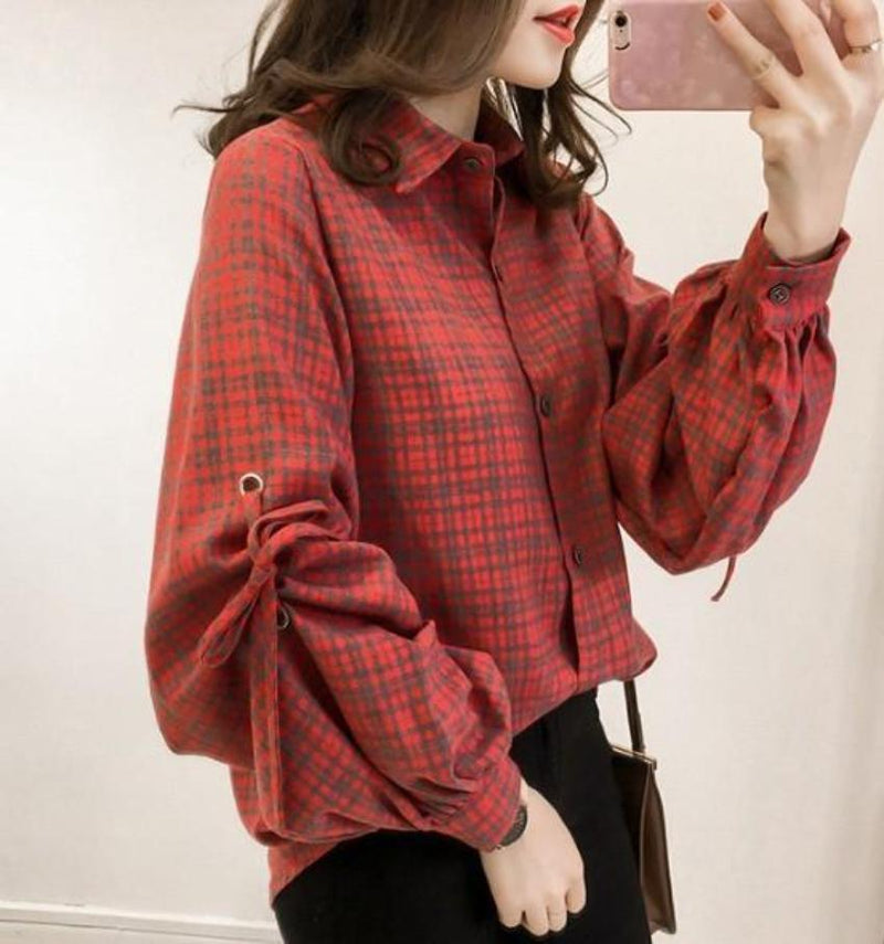 Womens Loose Fit Button Front Bell Sleeves Plaid Shirt