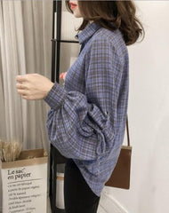 Womens Loose Fit Button Front Bell Sleeves Plaid Shirt