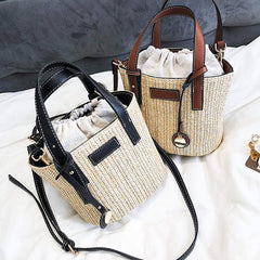 Straw Shoulder Bucket Bag with Vegan Leather Handle